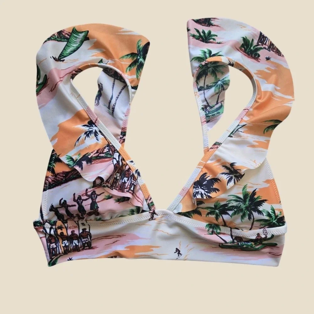 Aerie Triangle Ruffle Bikini Top Tropical Beach Print Size‎ Medium